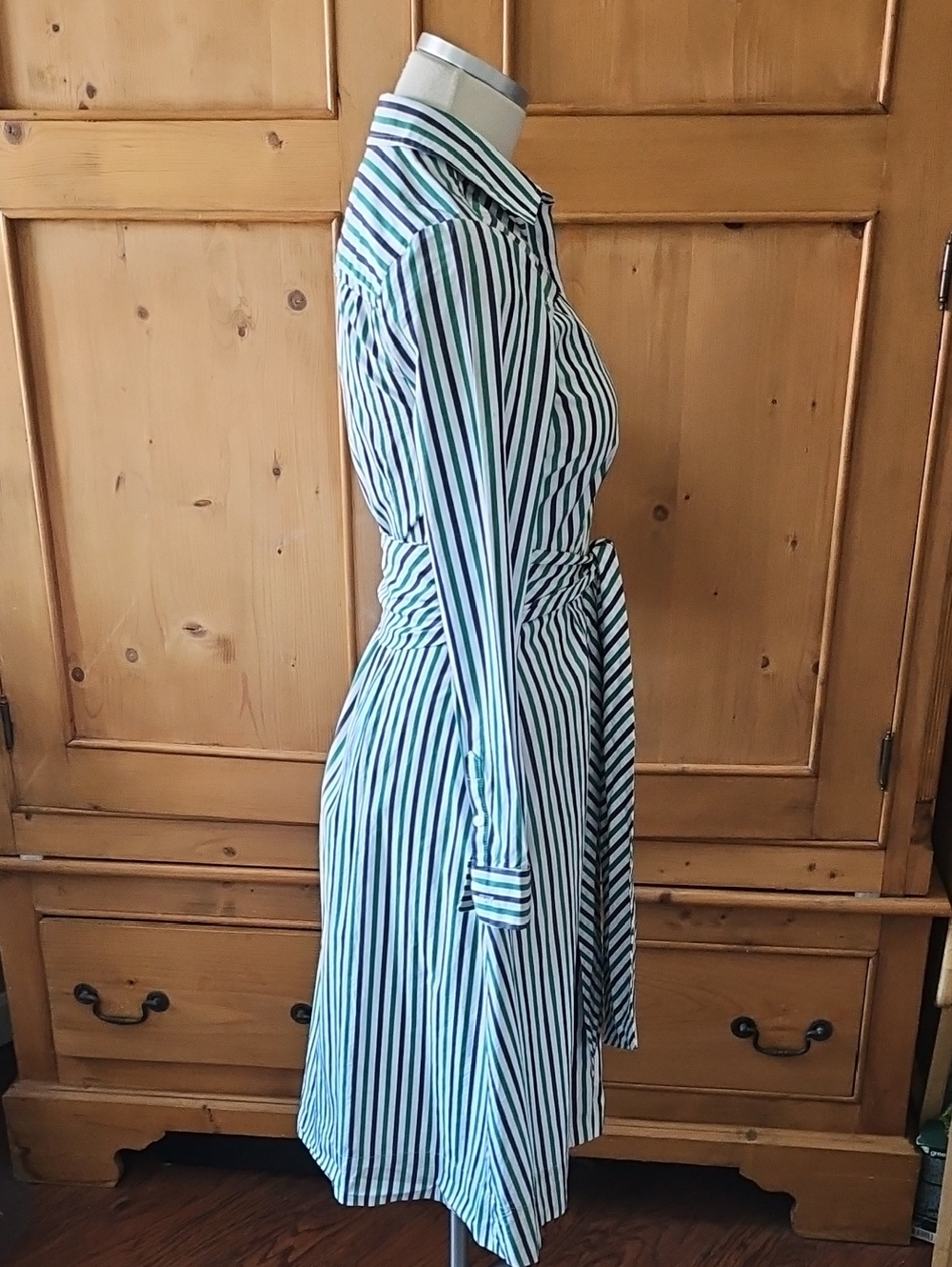 J Crew Tie Waist Shirt Dress Navy/ Green/ White Stripes Size 00 - Picture 7 of 11